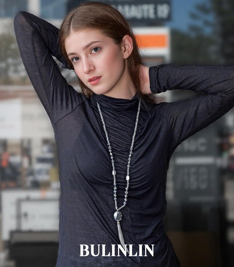 BULINLIN Boho Beaded Long Necklaces for Women Chunky Bead Pendant Necklace with Crystal Tassel Costume Jewelry Gifts for Her - Image 3